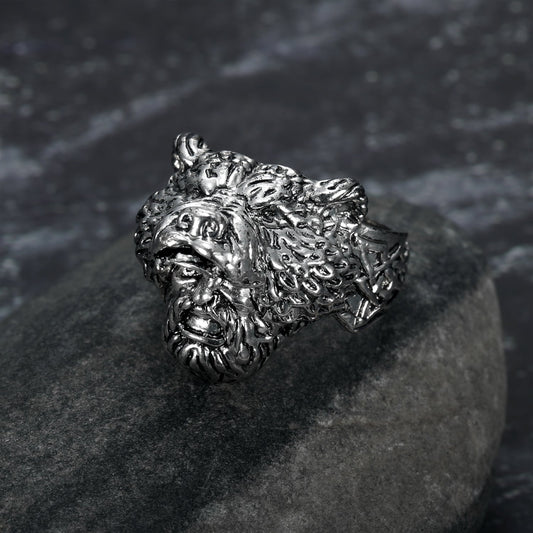 Handcrafted Stainless Steel Odin and Wolf Ring