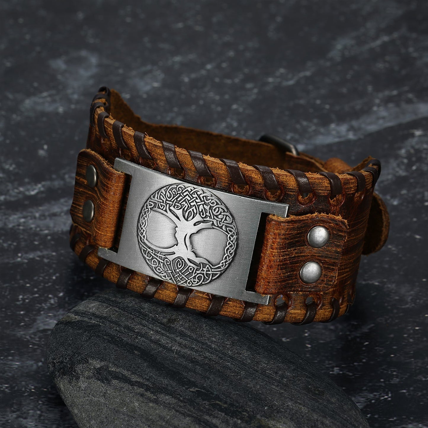 Leather Buckle Arm Cuff With Metal Tree of Life / Yggdrasil Design