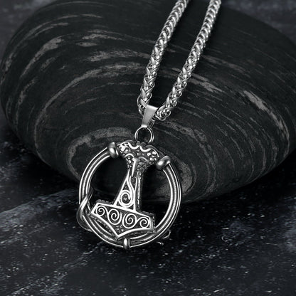 Handcrafted Stainless Steel Thor's Hammer Circular Necklace