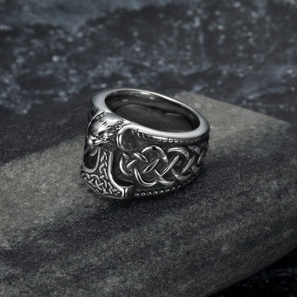 Handcrafted Stainless Steel Thor's Hammer and Celtic Knotwork Ring