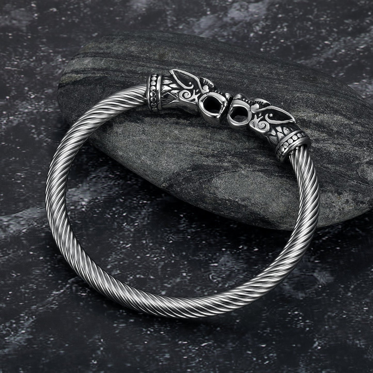 Handcrafted Stainless Steel Wolf Head Torc Bracelet