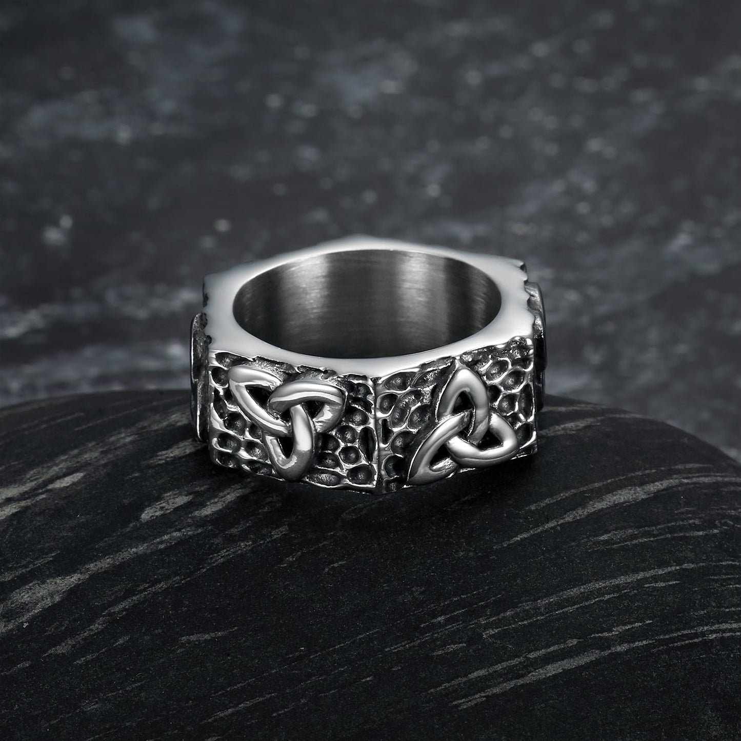 Hexagonal Handcrafted Stainless Steel Triquetra Ring