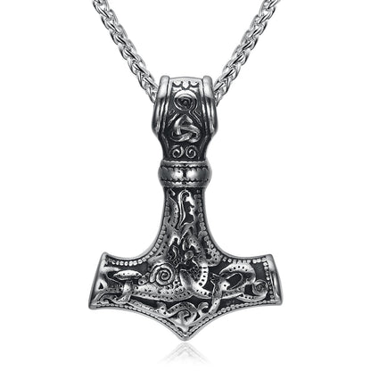 Handcrafted Stainless Steel 'Knotwork' Mjolnir on Handcrafted Stainless Steel Link Chain