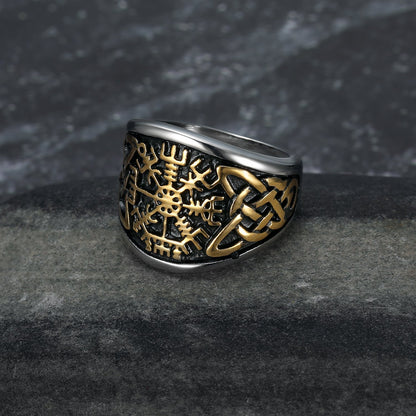 Dual Color Handcrafted Stainless Steel Vegvisir and Celtic Knot Ring