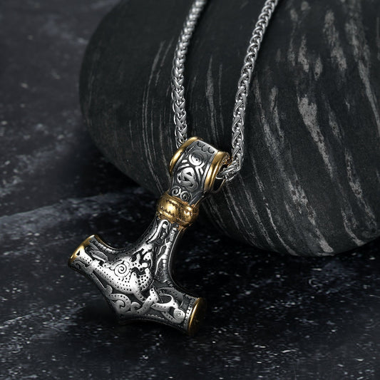 Handcrafted Stainless Steel Dual Color Mammen-Style Thor's Hammer Pendant