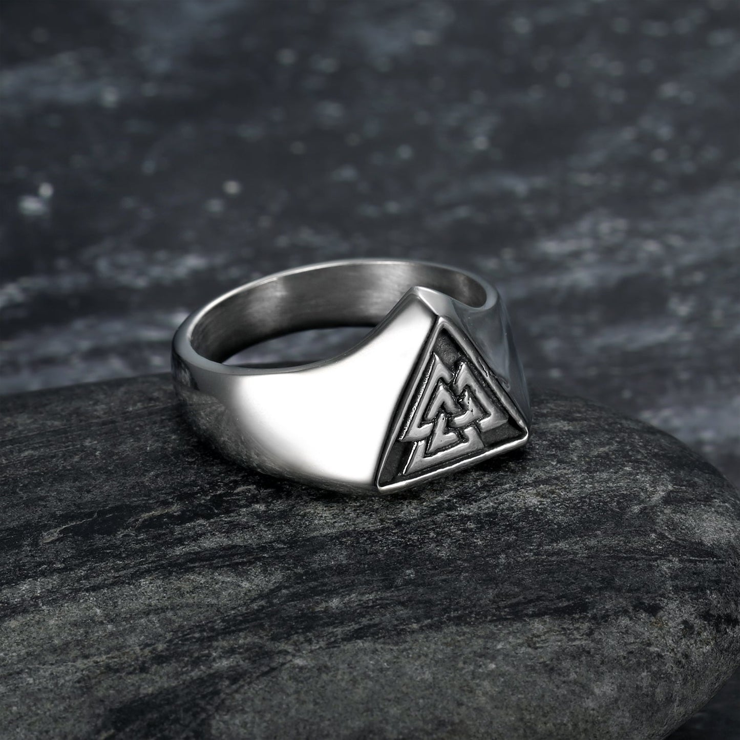 Handcrafted Stainless Steel Triangular Valknut Ring