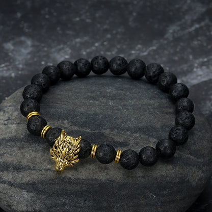 Grey Wolf Head and Lava Stone Bracelet