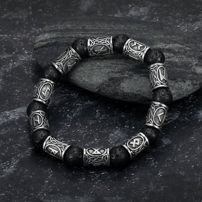 Silver Rune and Black Lava Stone Bracelet