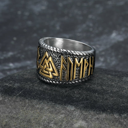 Handcrafted Stainless Steel Dual Color Valknut and Rune Ring