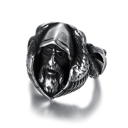 Handcrafted Stainless Steel Viking Odin Ring With Raven and Wolf