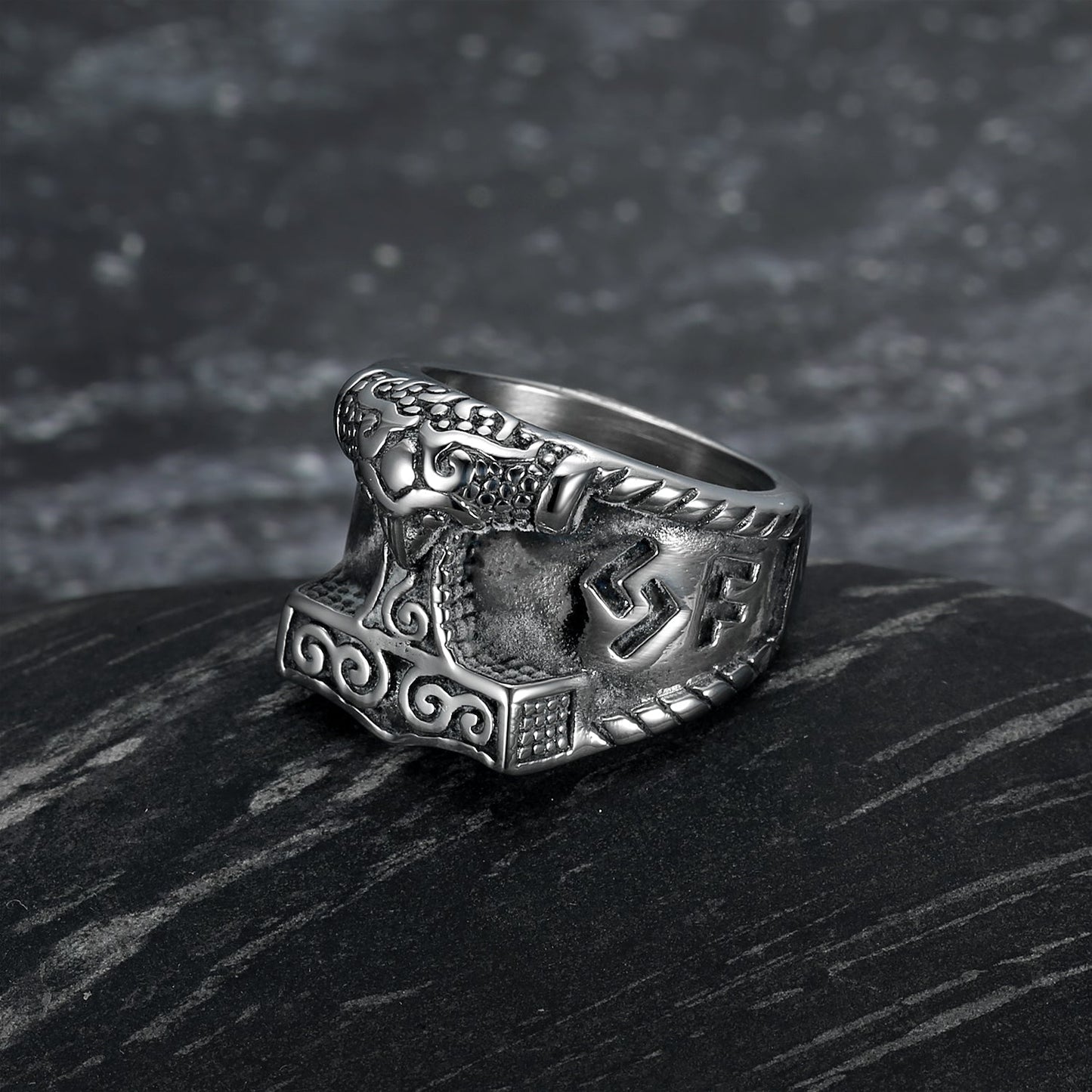 Handcrafted Stainless Steel Thor's Hammer and Rune Ring