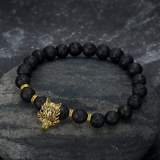 Wolf Head and Lava Stone Bracelet