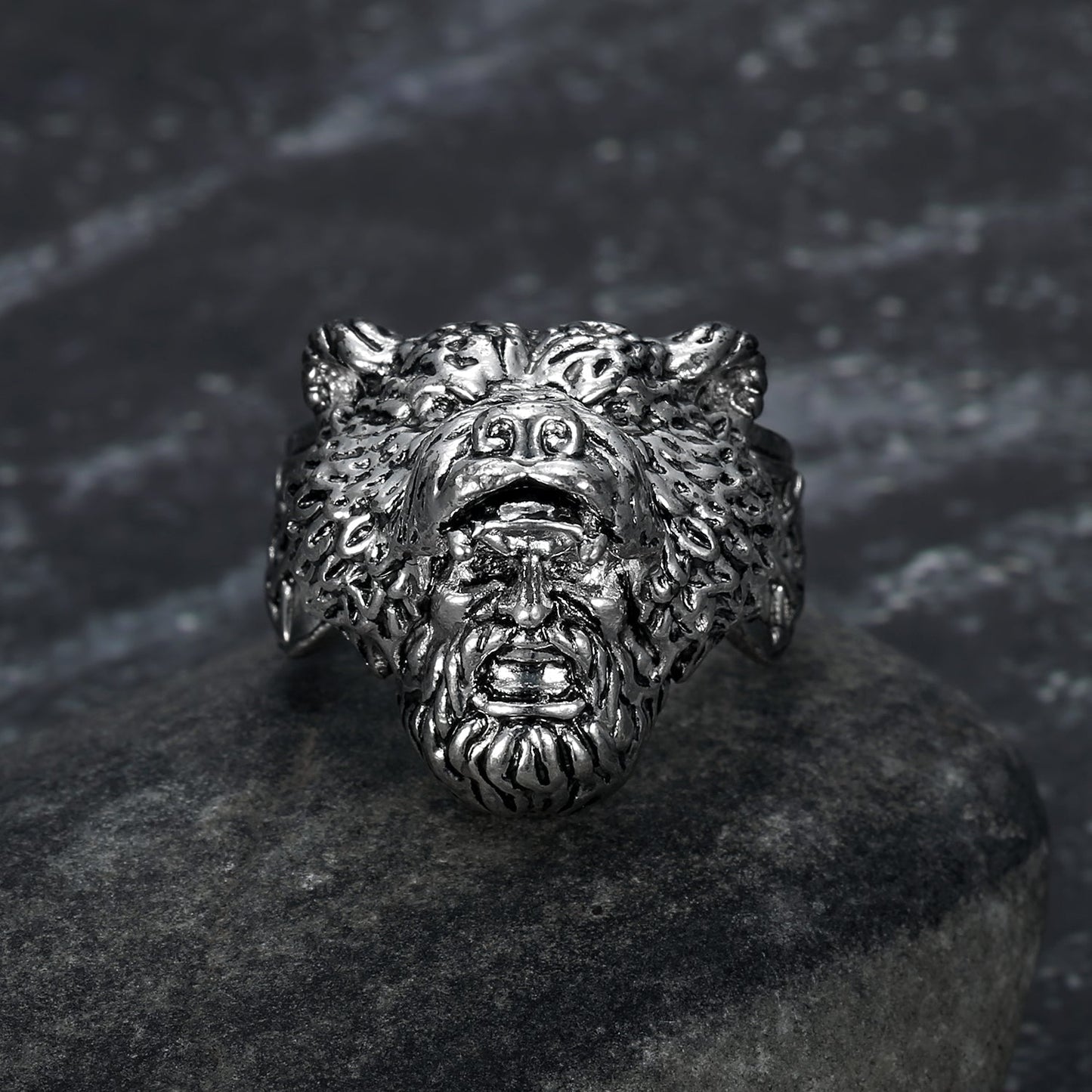 Handcrafted Stainless Steel Odin and Wolf Ring