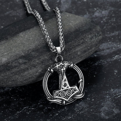 Handcrafted Stainless Steel Thor's Hammer Circular Necklace