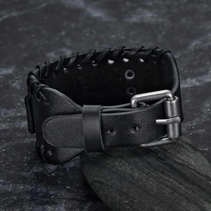 Leather Buckle Arm Cuff With Metal Valknut Design