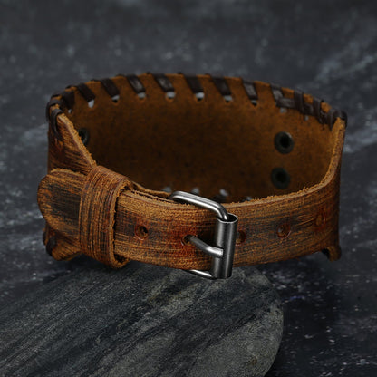 Leather Buckle Arm Cuff With Metal Tree of Life / Yggdrasil Design