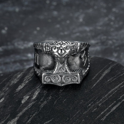 Handcrafted Stainless Steel Thor's Hammer and Rune Ring