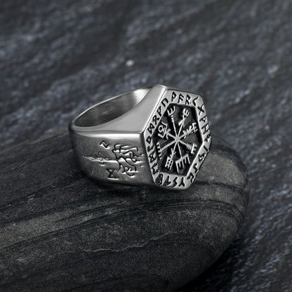 Handcrafted Stainless Steel Hexagonal Vegvisir & Valknut Rune Ring