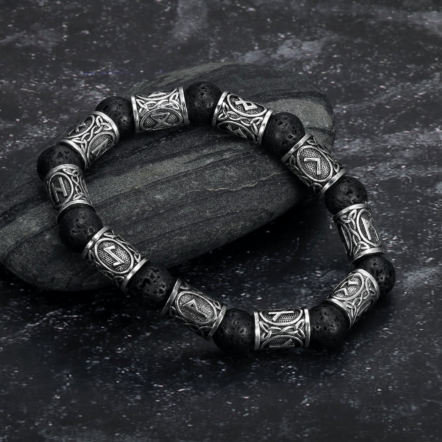 Silver Rune and Black Lava Stone Bracelet