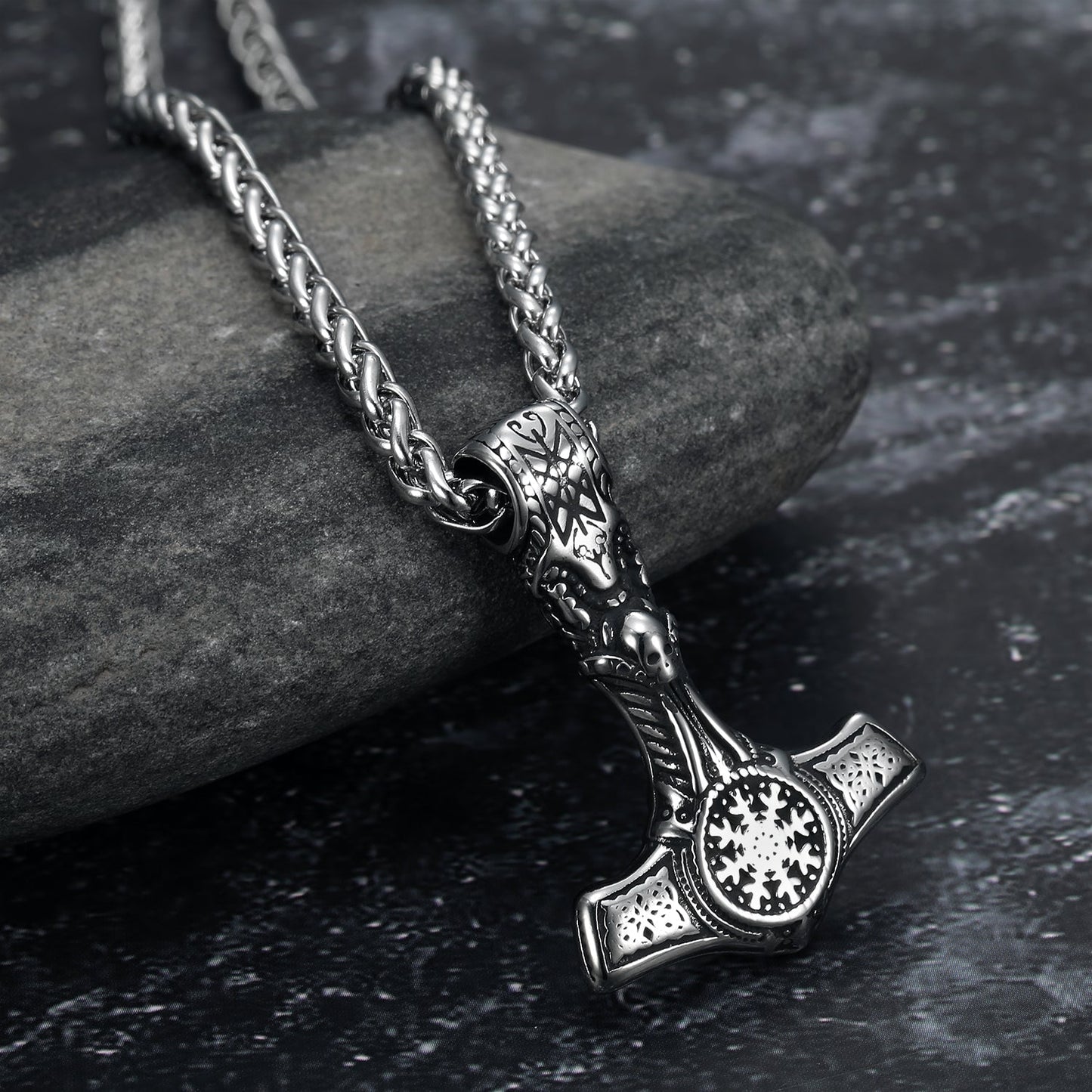 Handcrafted Stainless Steel Mjolnir With Skull and Helm of Awe