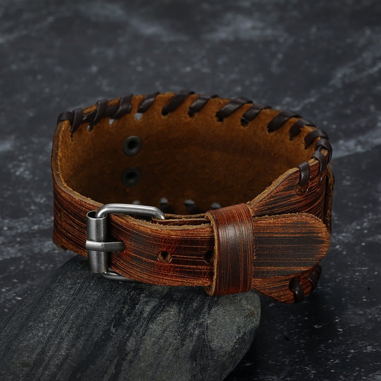 Leather Buckle Arm Cuff With Fenrir Design