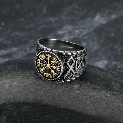 Handcrafted Stainless Steel Vegvisir and Runes Ring