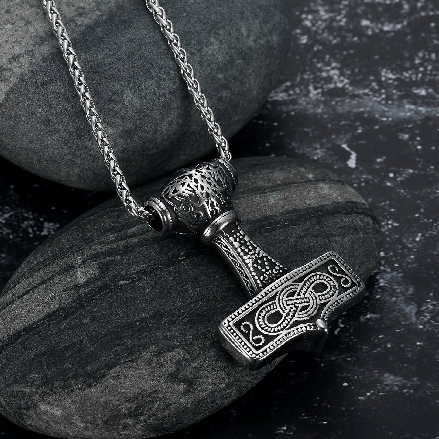 Handcrafted Stainless Steel Chunky Mjolnir Necklace With Celtic Scrolls