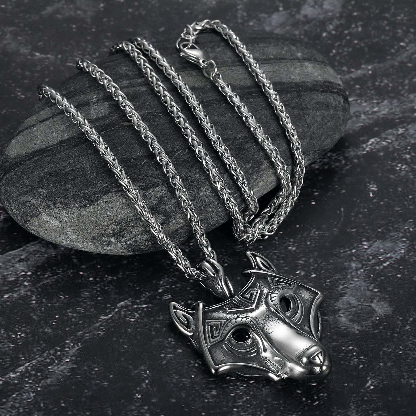 Handcrafted Stainless Steel Fenrir Pendant on Handcrafted Stainless Steel Chain