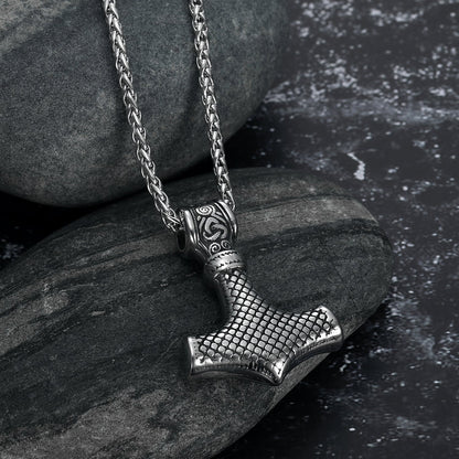 Handcrafted Stainless Steel 'Knotwork' Mjolnir on Handcrafted Stainless Steel Link Chain