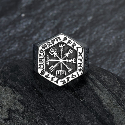 Handcrafted Stainless Steel Hexagonal Vegvisir & Valknut Rune Ring