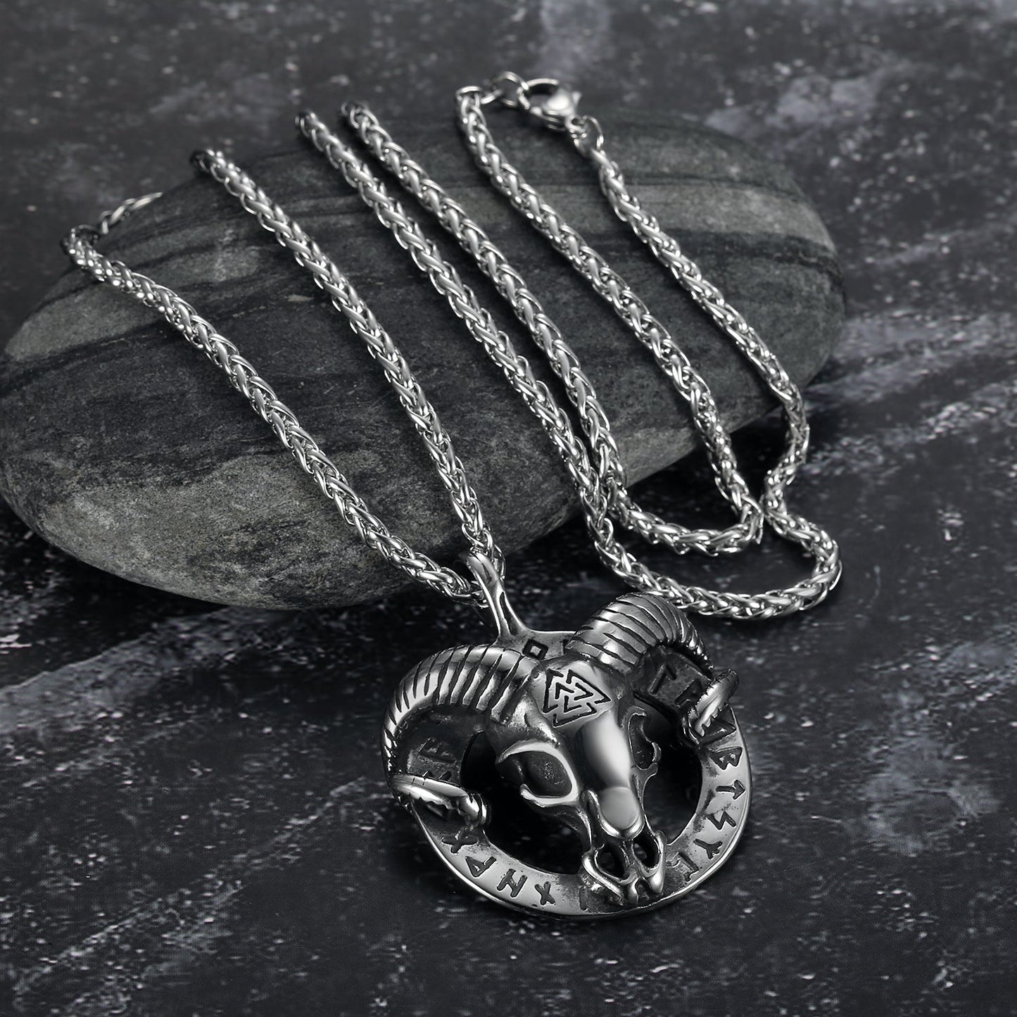 Handcrafted Stainless Steel Goat Head Necklace with Valknut and Runes