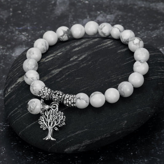 White Howlite Gemstone Bracelet with Tree of Life Charm