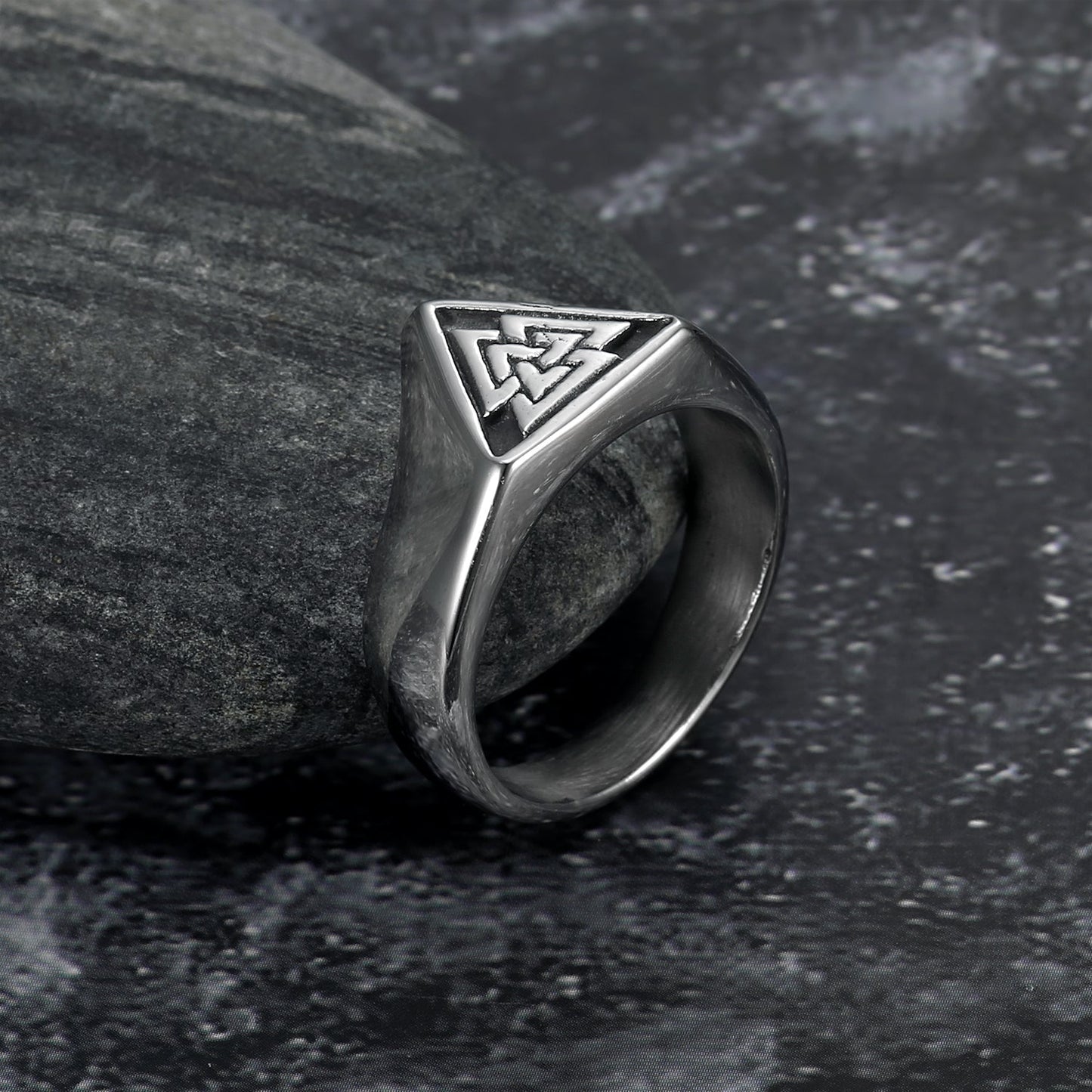 Handcrafted Stainless Steel Triangular Valknut Ring