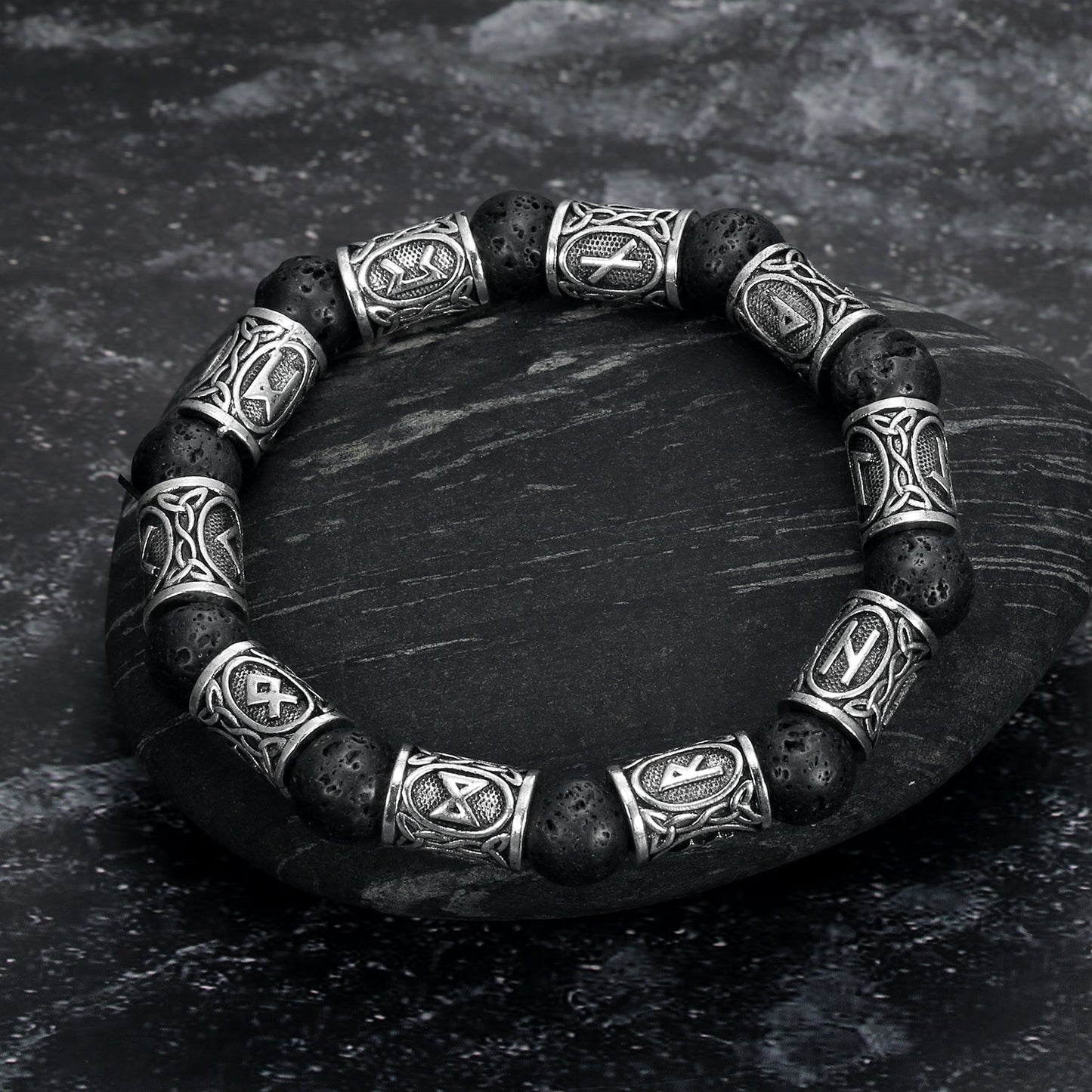 Silver Rune and Black Lava Stone Bracelet