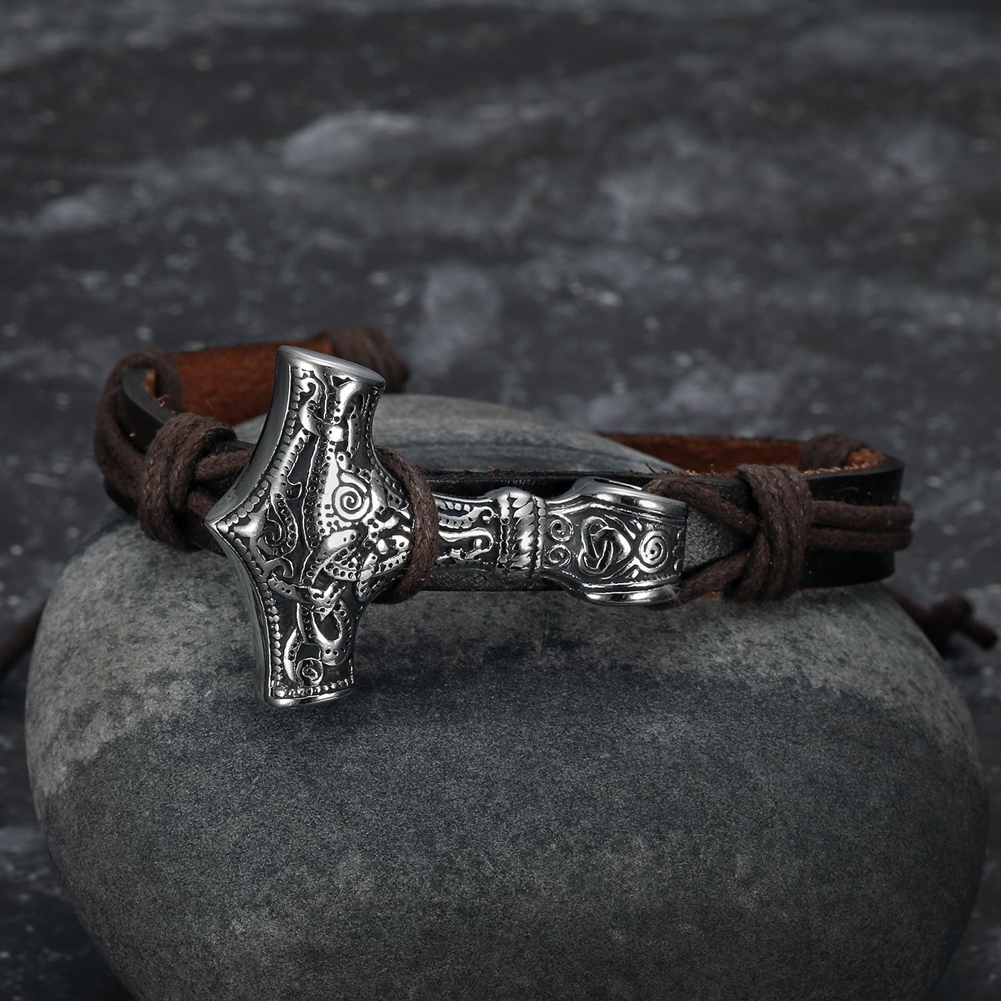 Adjustable Leather Wristband With Handcrafted Stainless Steel Mjolnir