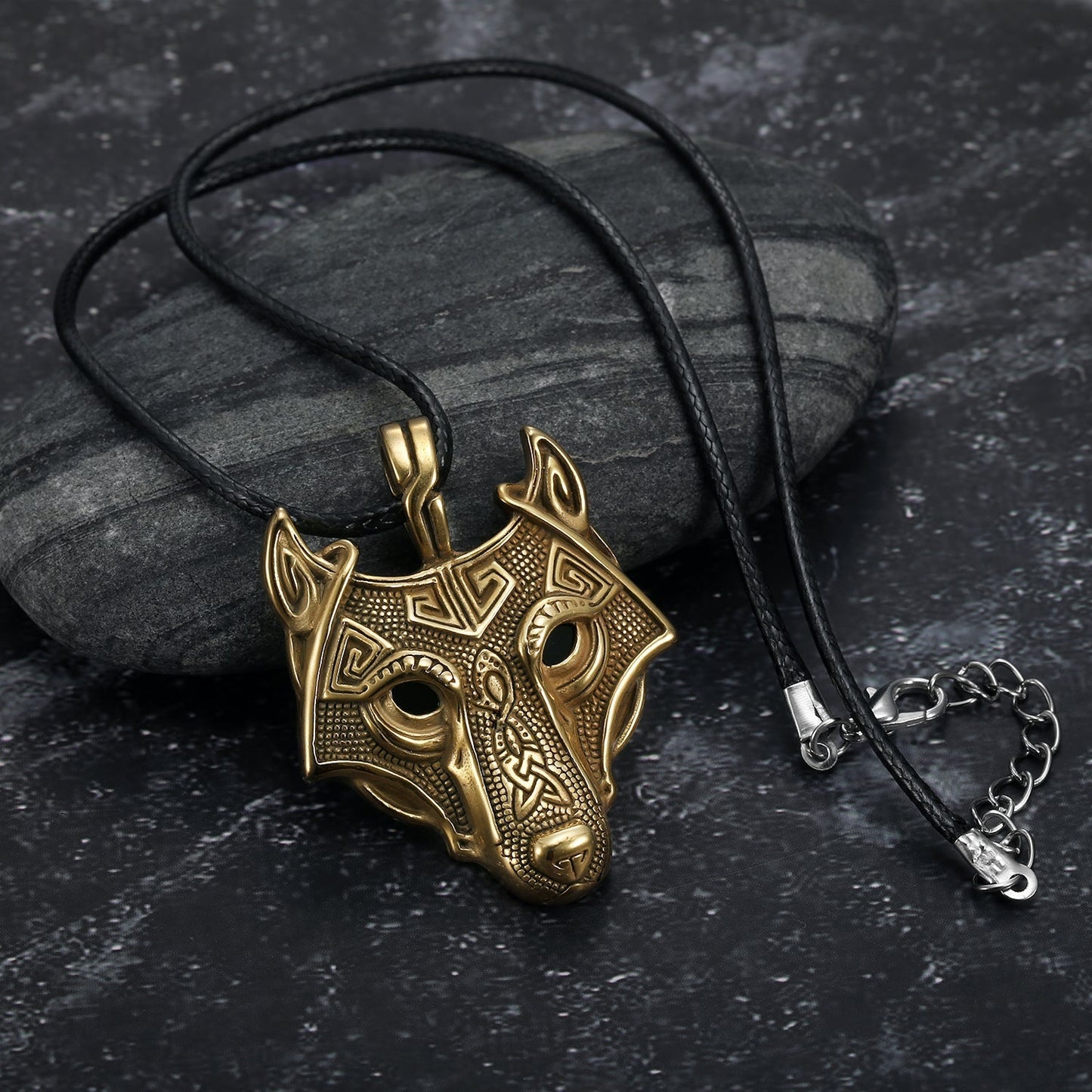 Norse Wolf Head Necklace - Leather Chain