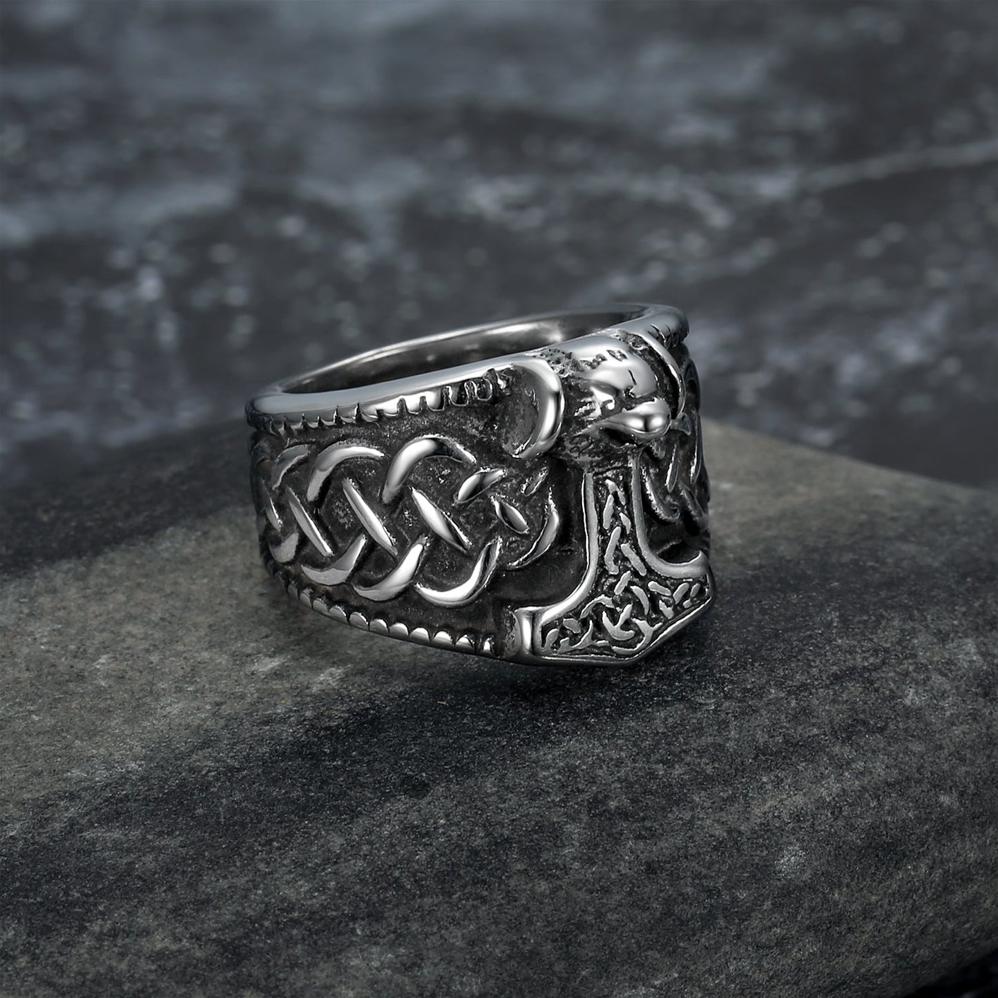 Handcrafted Stainless Steel Thor's Hammer and Celtic Knotwork Ring