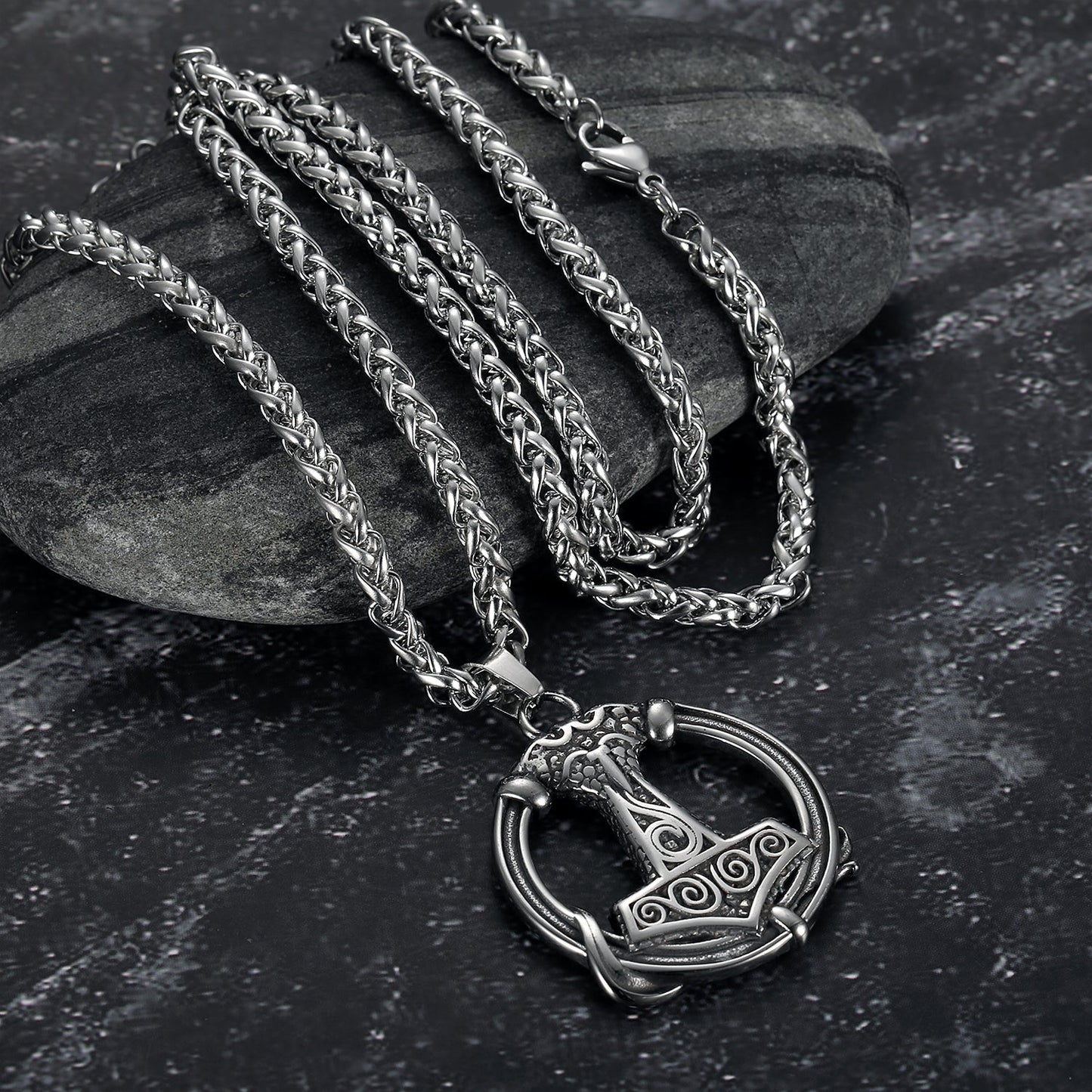 Handcrafted Stainless Steel Thor's Hammer Circular Necklace