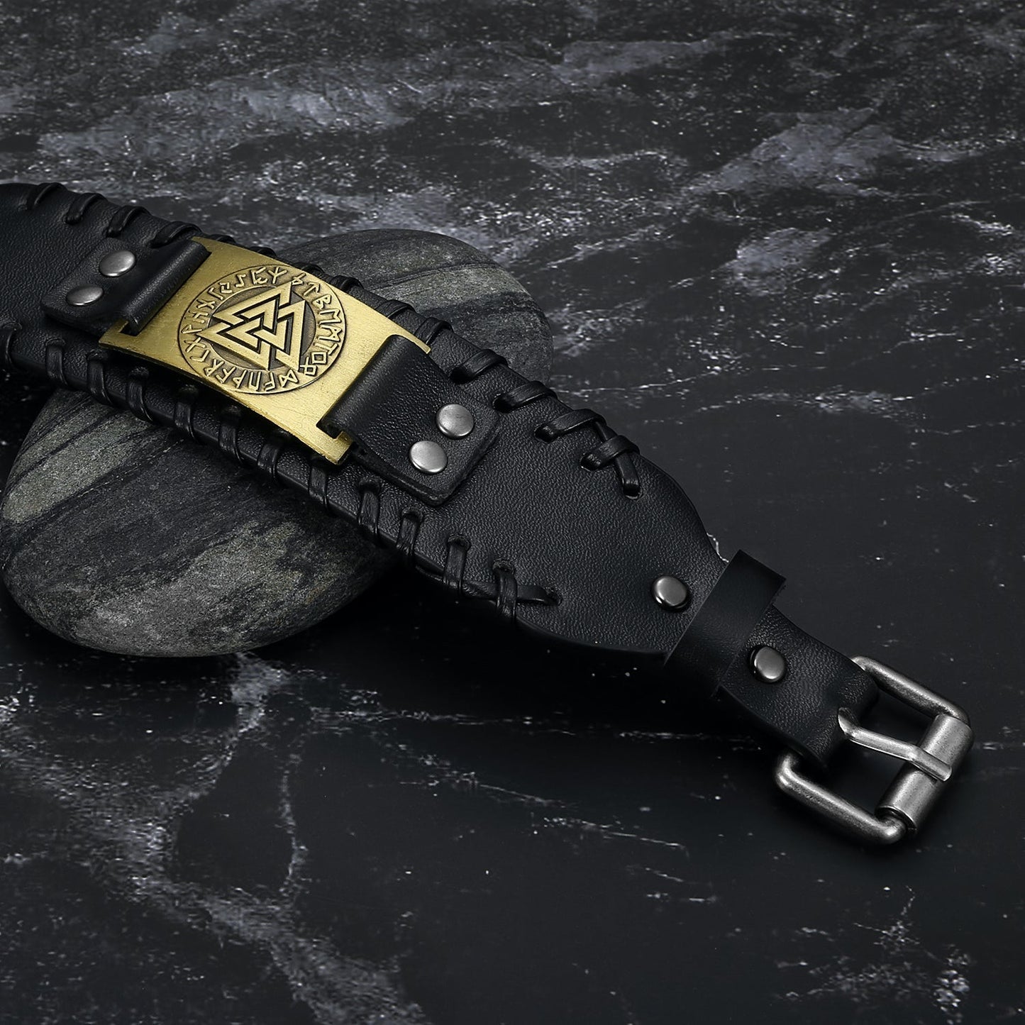 Leather Buckle Arm Cuff With Metal Valknut Design