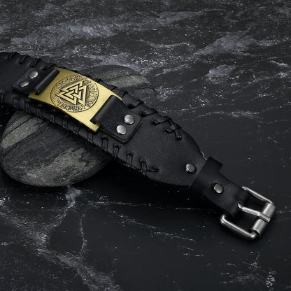 Leather Buckle Arm Cuff With Metal Valknut Design