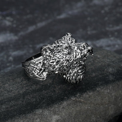 Handcrafted Stainless Steel Odin and Wolf Ring