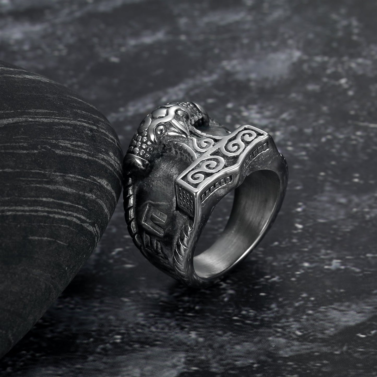 Handcrafted Stainless Steel Thor's Hammer and Rune Ring