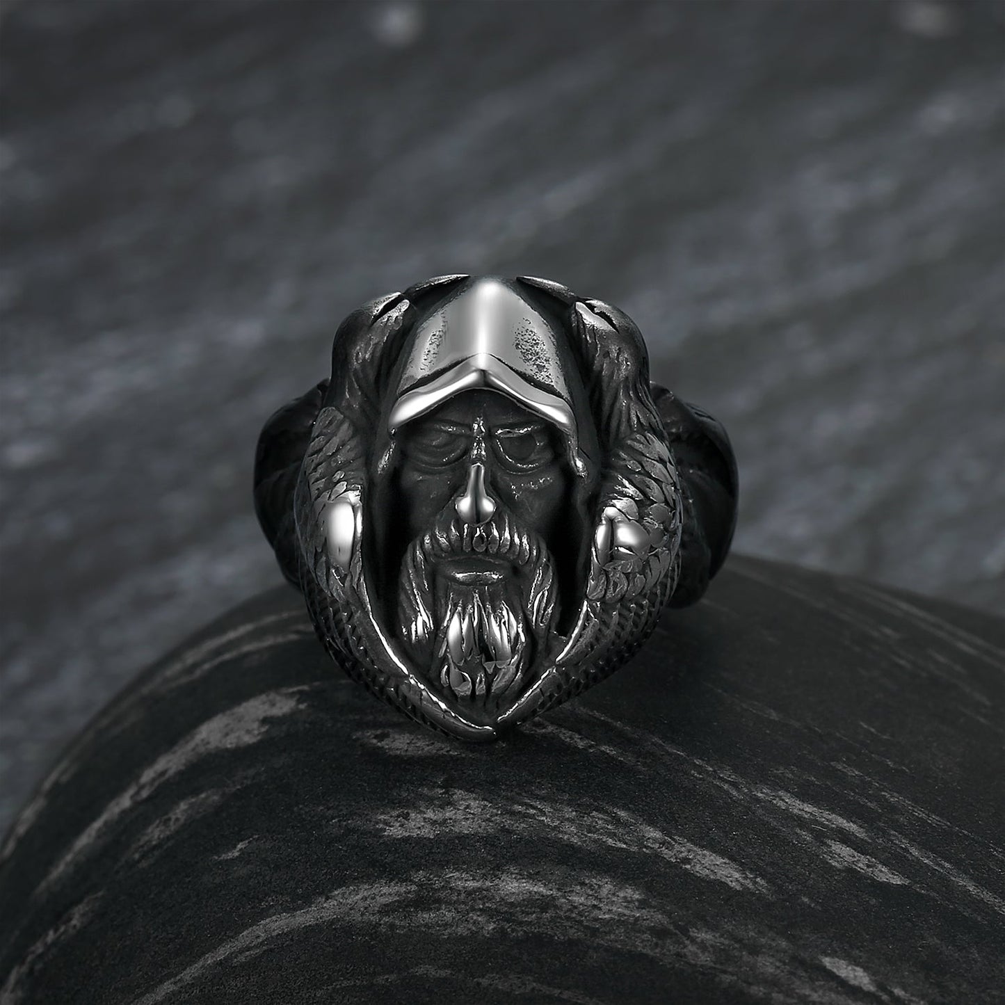 Handcrafted Stainless Steel Viking Odin Ring With Raven and Wolf