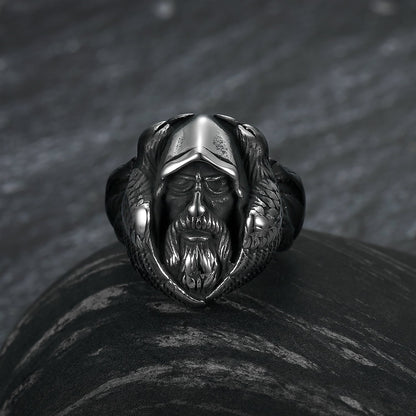 Handcrafted Stainless Steel Viking Odin Ring With Raven and Wolf