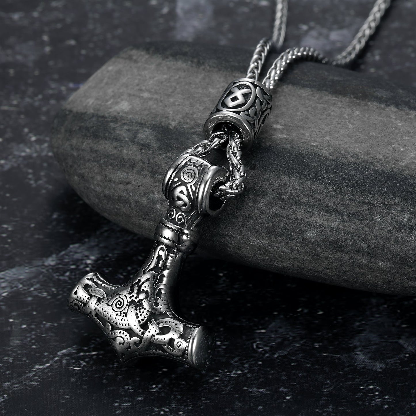 Handcrafted Stainless Steel Mjolnir and Othala Pendant