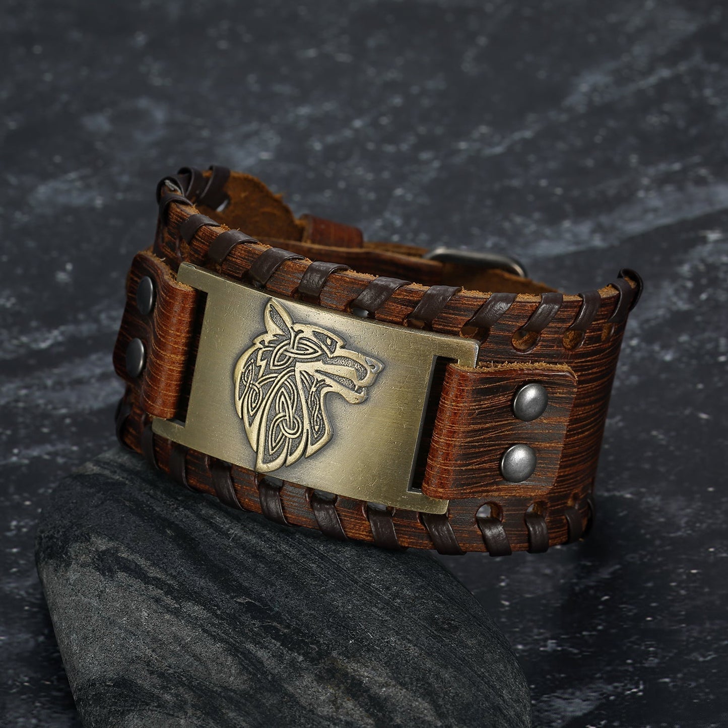 Leather Buckle Arm Cuff With Fenrir Design