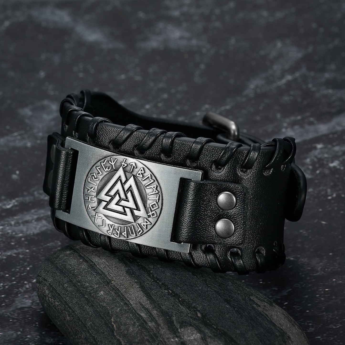 Leather Buckle Arm Cuff With Metal Valknut Design