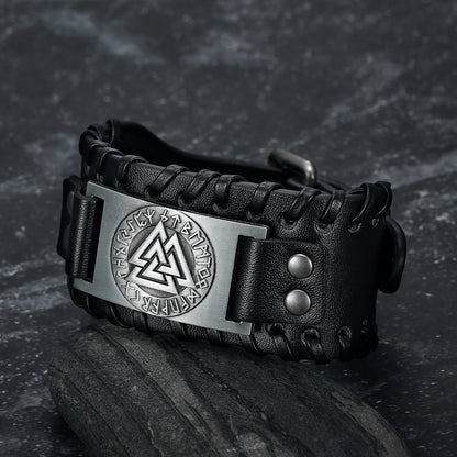 Leather Buckle Arm Cuff With Metal Valknut Design