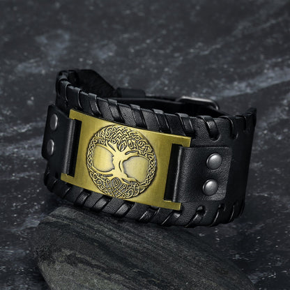 Leather Buckle Arm Cuff With Metal Tree of Life / Yggdrasil Design