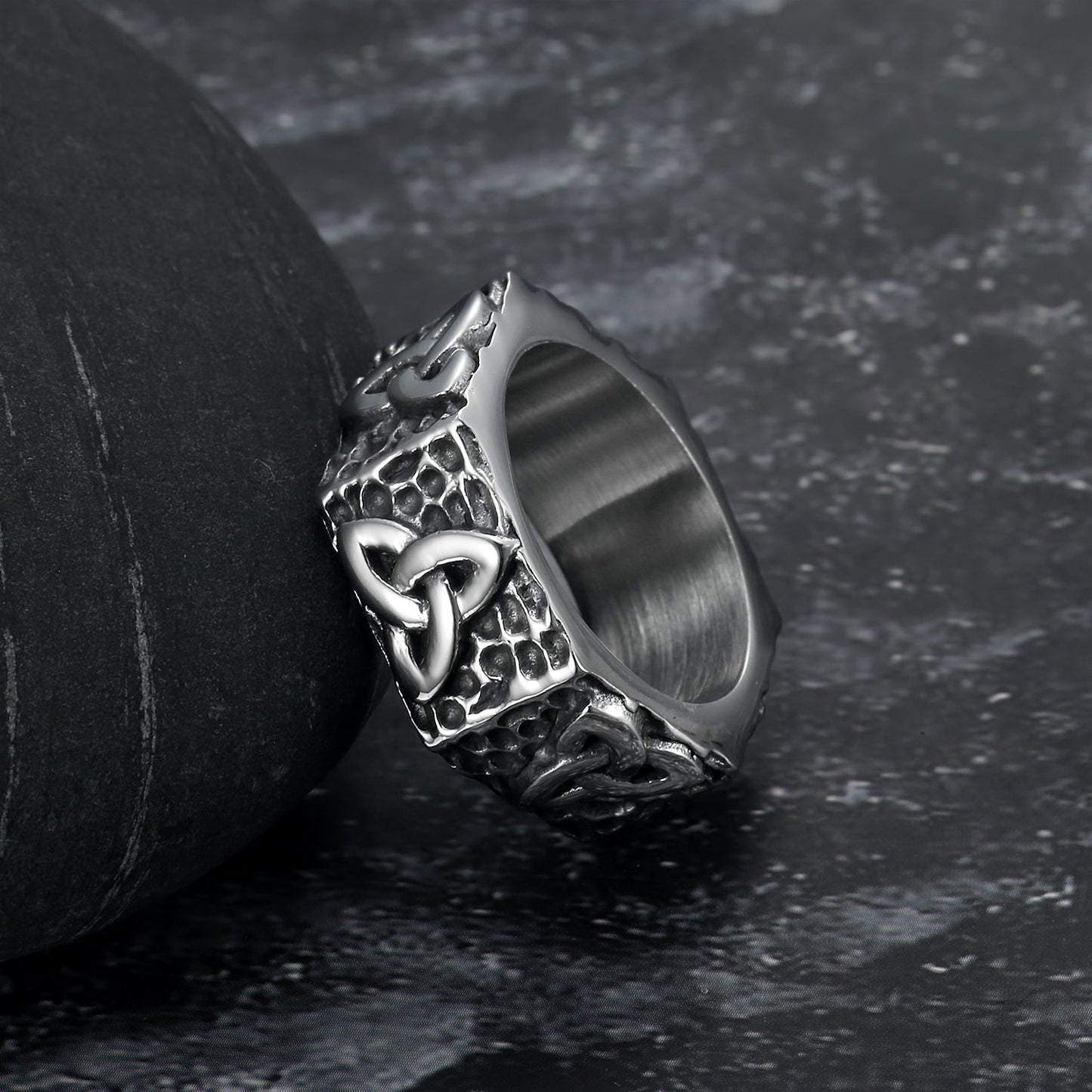 Hexagonal Handcrafted Stainless Steel Triquetra Ring